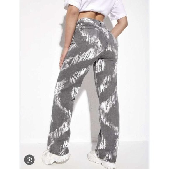 Shein women high-waisted jean with print grey and white size L - Picture 2 of 13